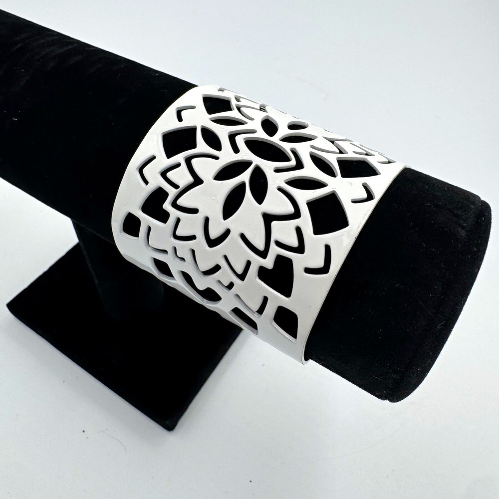 Silver Tone Cutout Floral Filigree Openwork Wide Cuff Bracelet, Sizable